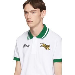 Kenzo Mens Polo Shirt XL Jumping Tiger Embroidered Patch Sporty Streetwear White